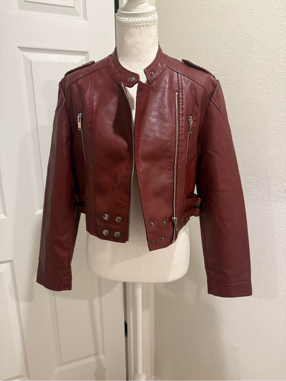 Women's Burgundy Leather Moto Jacket